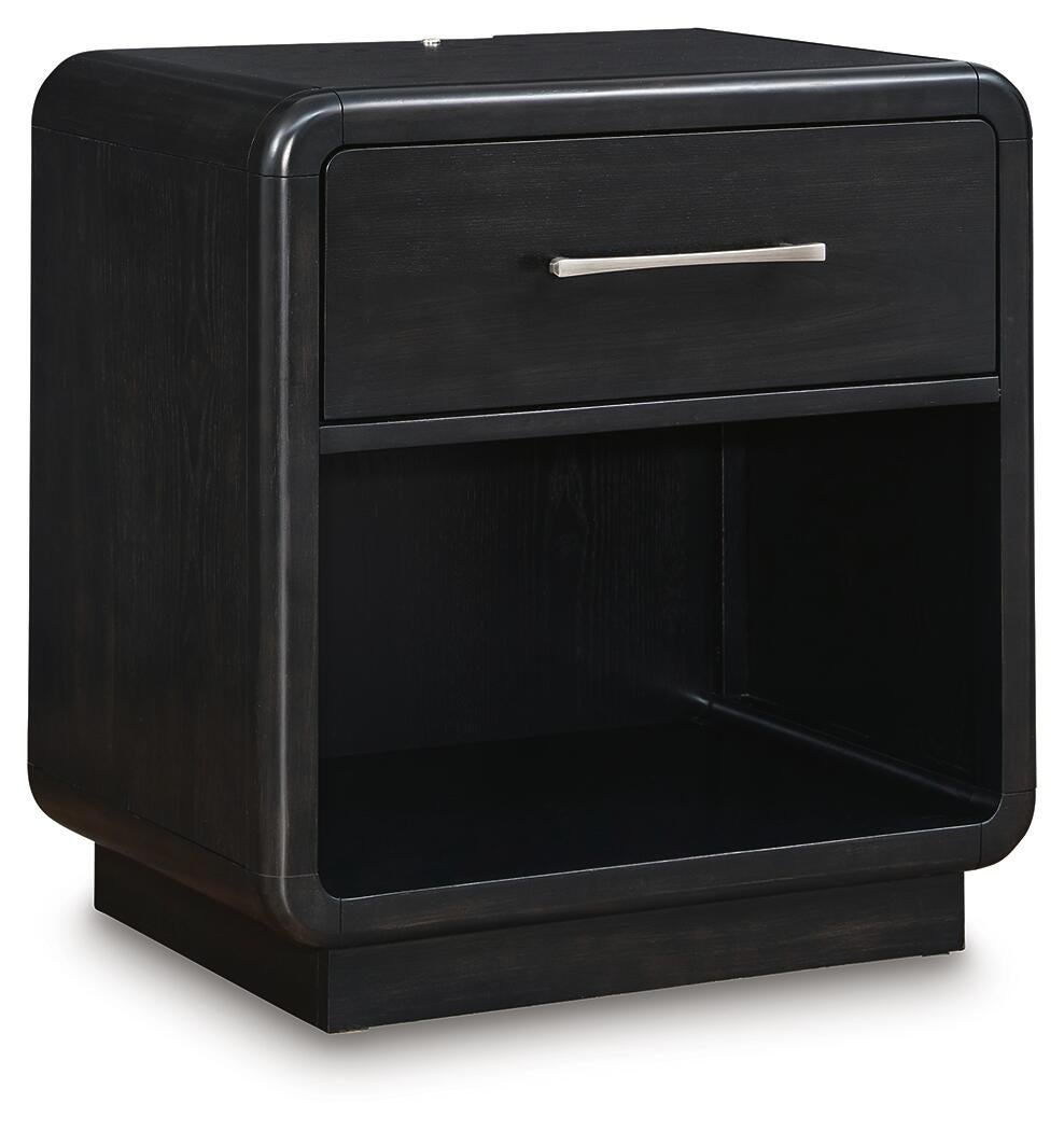 Rowanbeck  Upholstered Panel Bed With Mirrored Dresser And Nightstand
