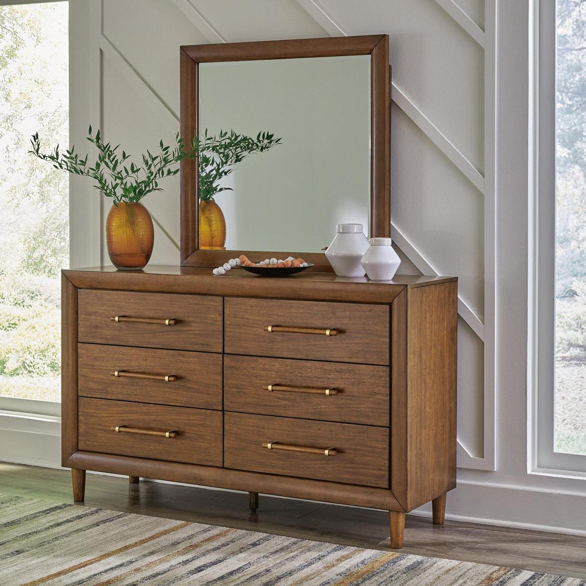 Lyncott  Upholstered Bed With Mirrored Dresser And Nightstand