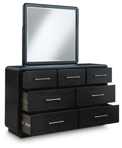 Rowanbeck  Upholstered Panel Bed, Dresser, Mirror And Nightstand