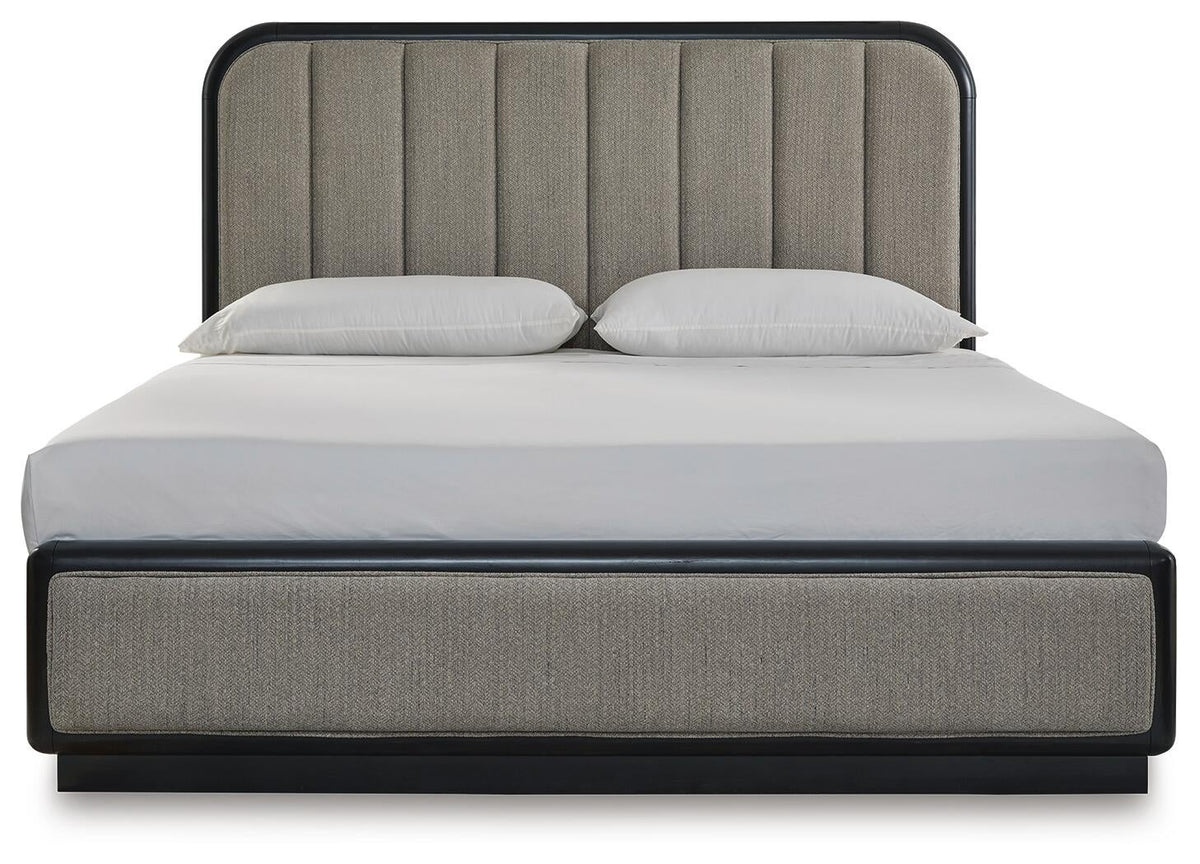 Rowanbeck  Upholstered Panel Bed, Dresser, Mirror And Nightstand