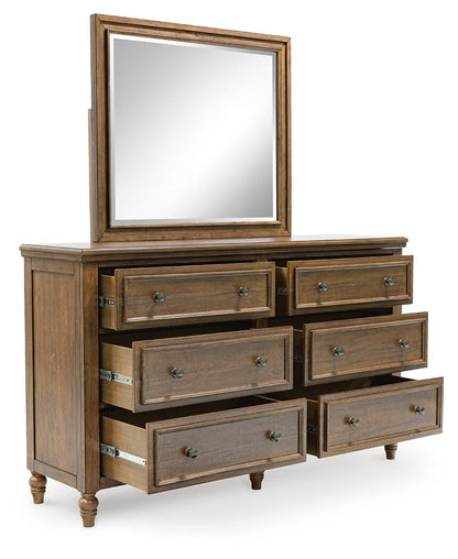Sturlayne California  Upholstered Panel Bed, Dresser And Mirror