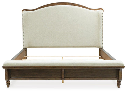 Sturlayne California  Upholstered Panel Bed, Dresser And Mirror