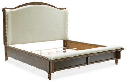 Sturlayne California  Upholstered Panel Bed, Dresser And Mirror