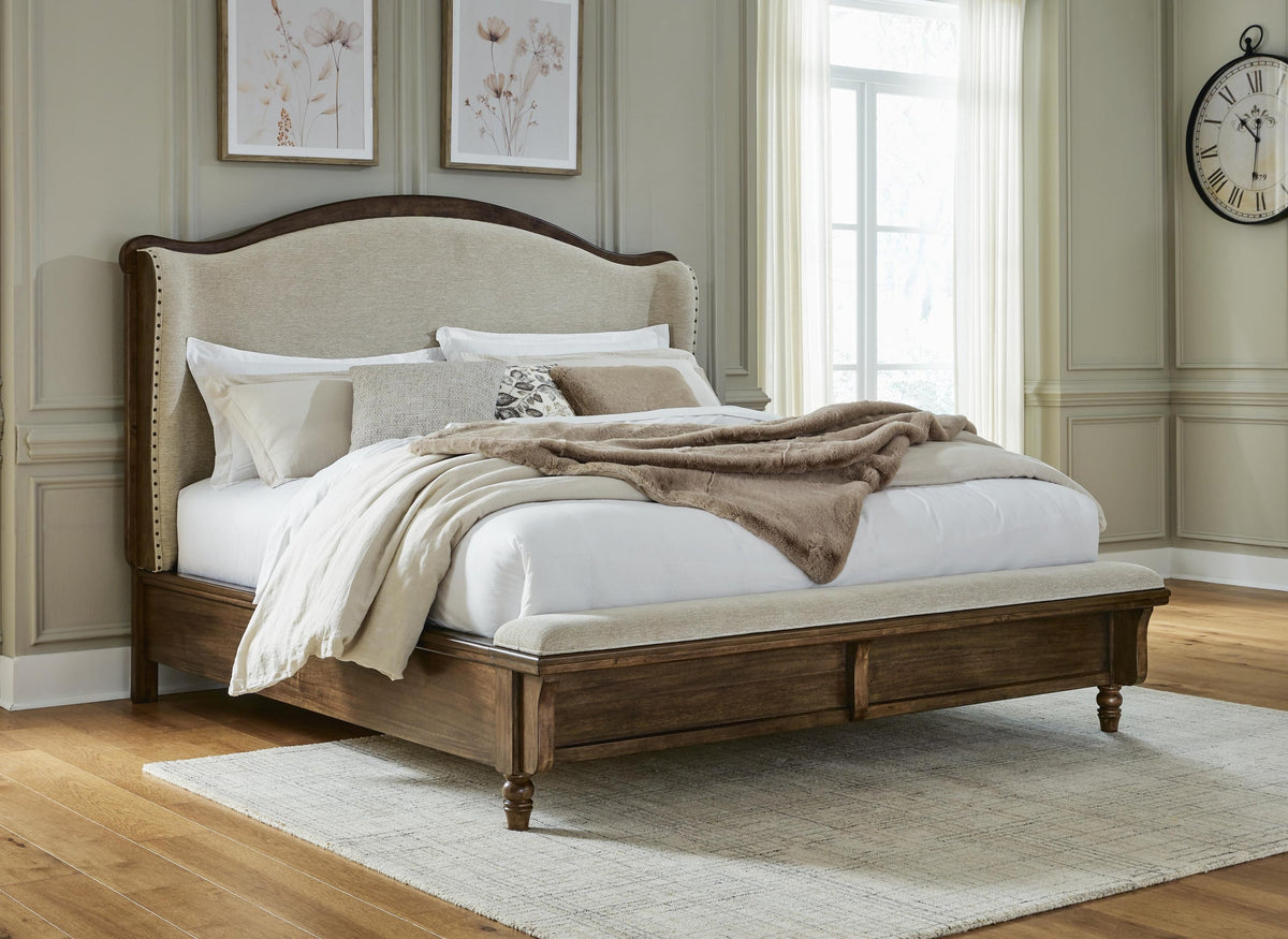 Sturlayne California  Upholstered Panel Bed, Dresser And Mirror