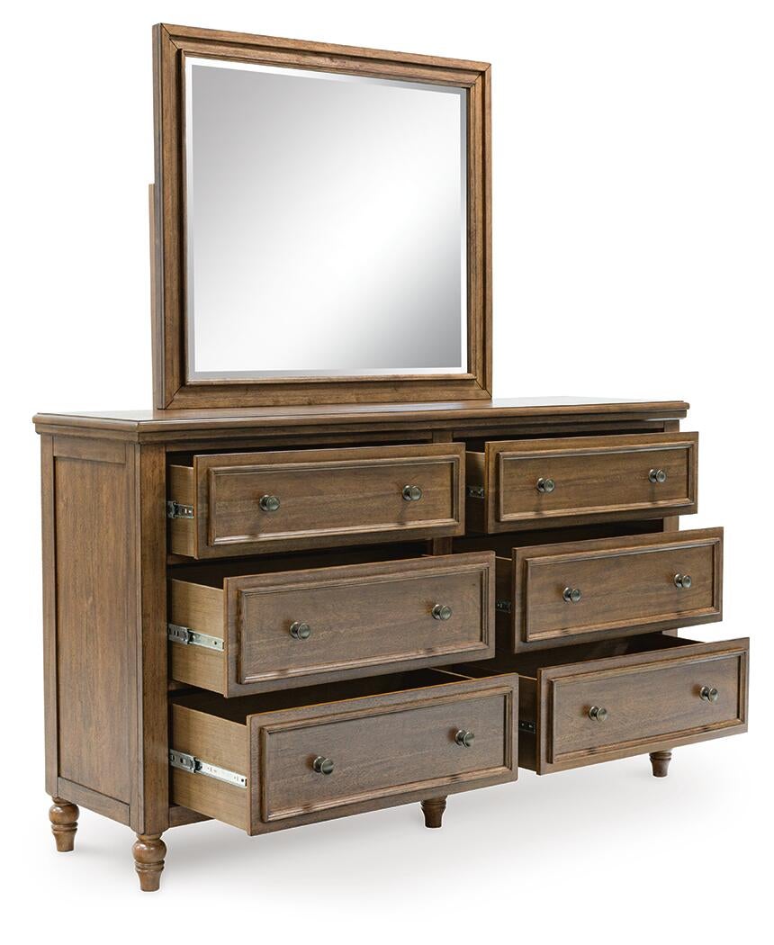 Sturlayne  Upholstered Panel Bed, Dresser, Mirror And Nightstand