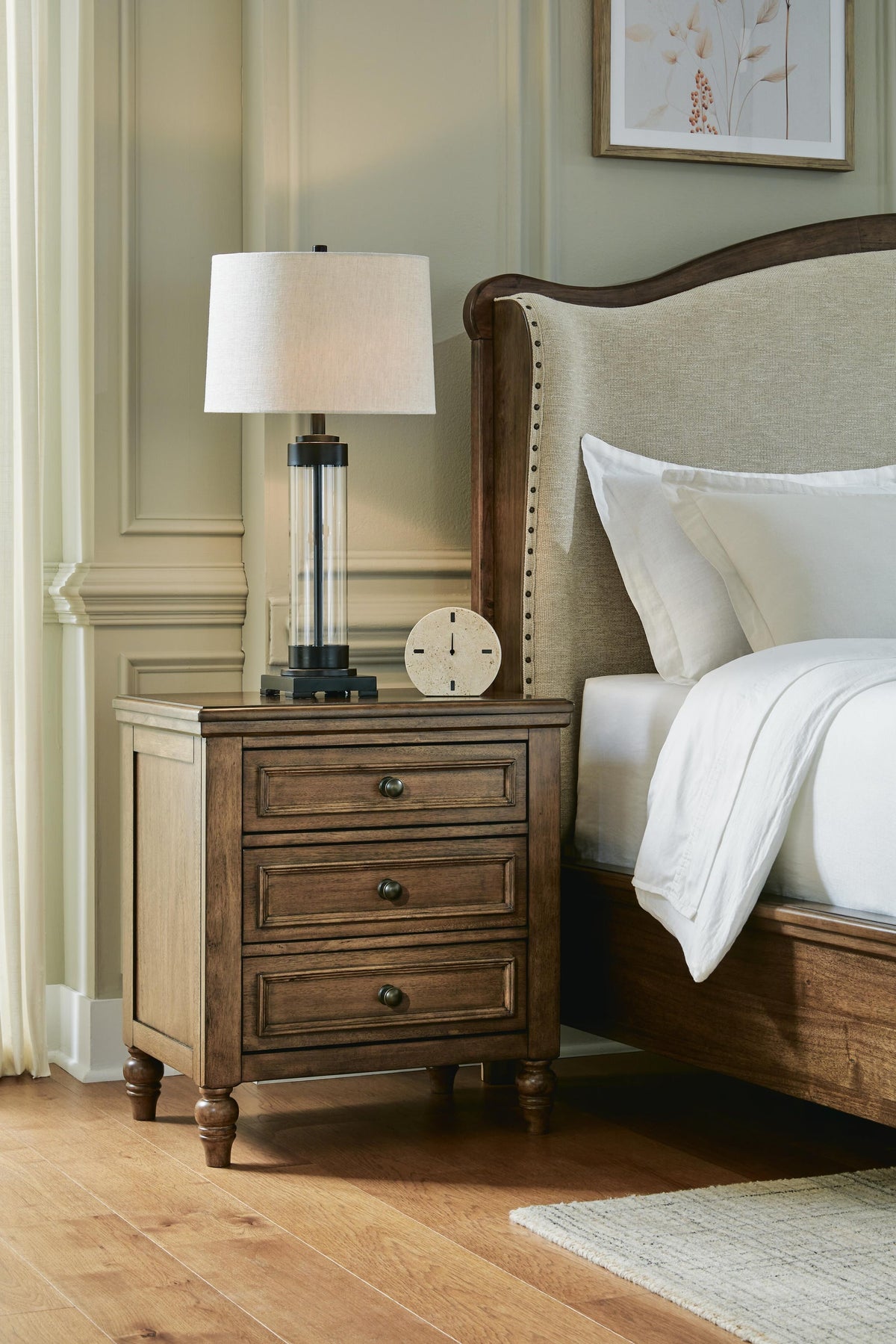 Sturlayne  Upholstered Panel Bed, Dresser, Mirror And Nightstand