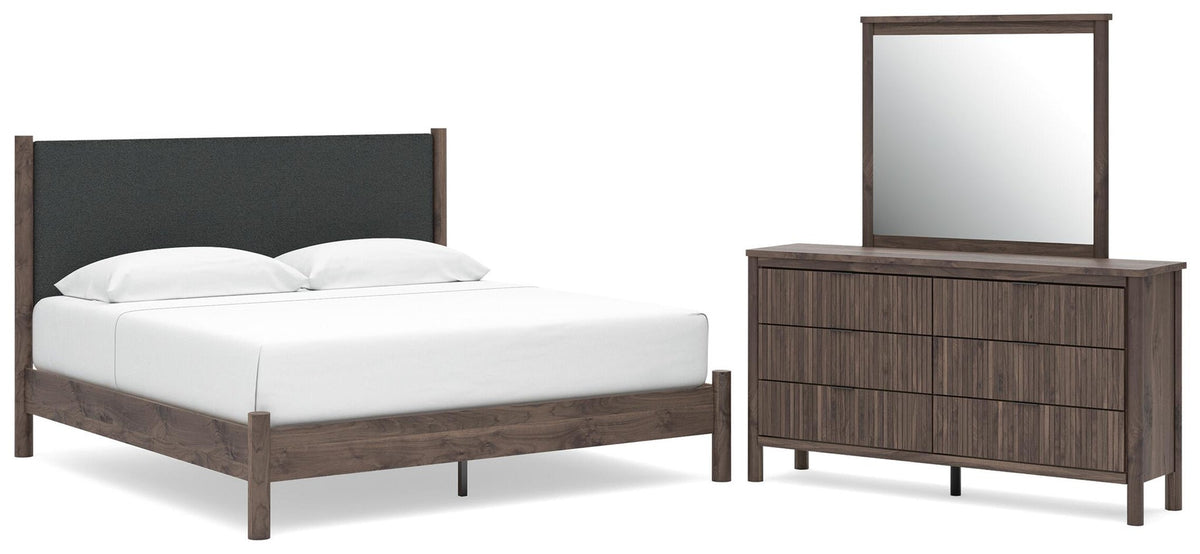 Cadmori  Upholstered Panel Platform Bed, Dresser And Mirror