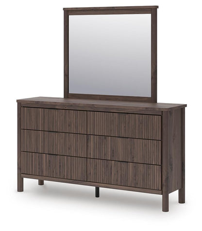 Cadmori  Upholstered Panel Platform Bed, Dresser And Mirror