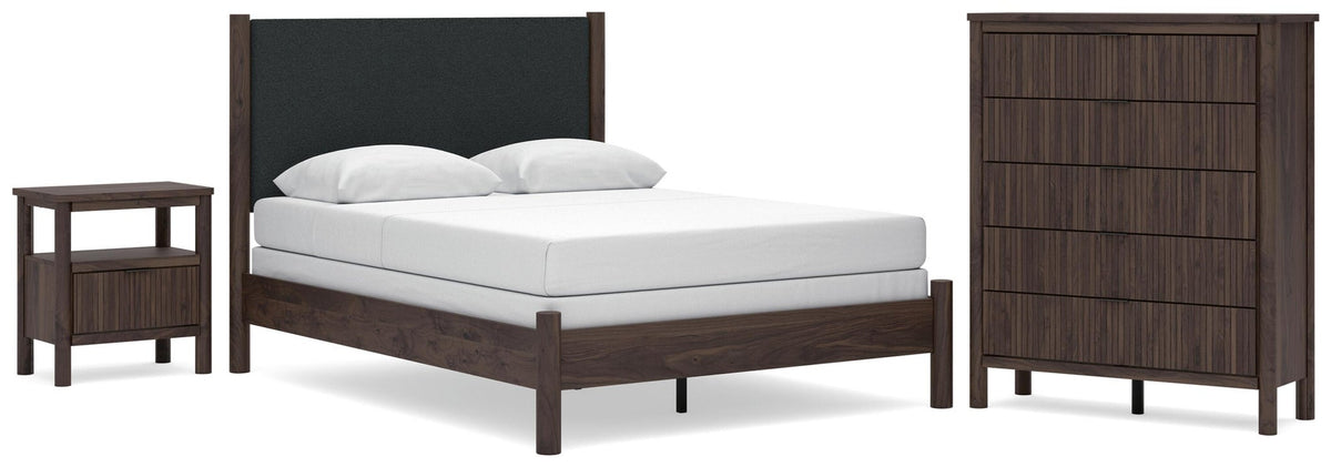 Cadmori  Upholstered Panel Bed, Dresser, Mirror And Nightstand