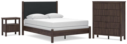 Cadmori  Upholstered Panel Bed, Dresser, Mirror And Nightstand