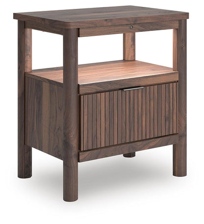Cadmori  Upholstered Panel Bed, Dresser, Mirror And Nightstand