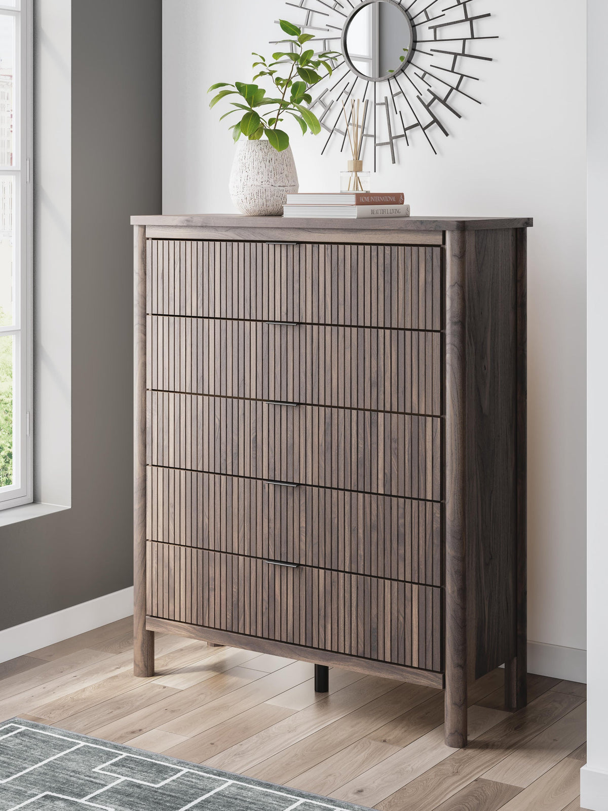 Cadmori  Upholstered Panel Bed, Dresser, Mirror And Nightstand