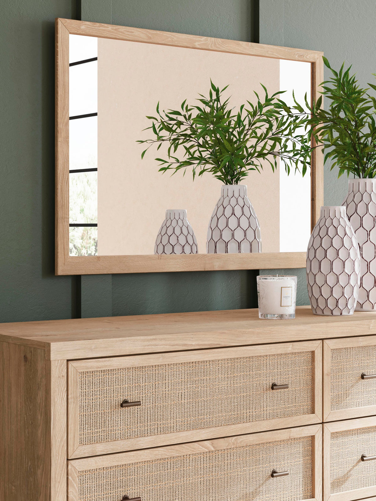 Cielden  Upholstered Bed With Roll Slats, Dresser And Mirror