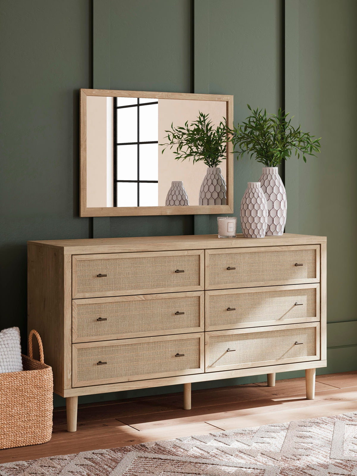 Cielden  Upholstered Bed With Roll Slats, Dresser And Mirror