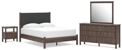 Cadmori  Upholstered Panel Platform Bed, Dresser, Mirror And Nightstand