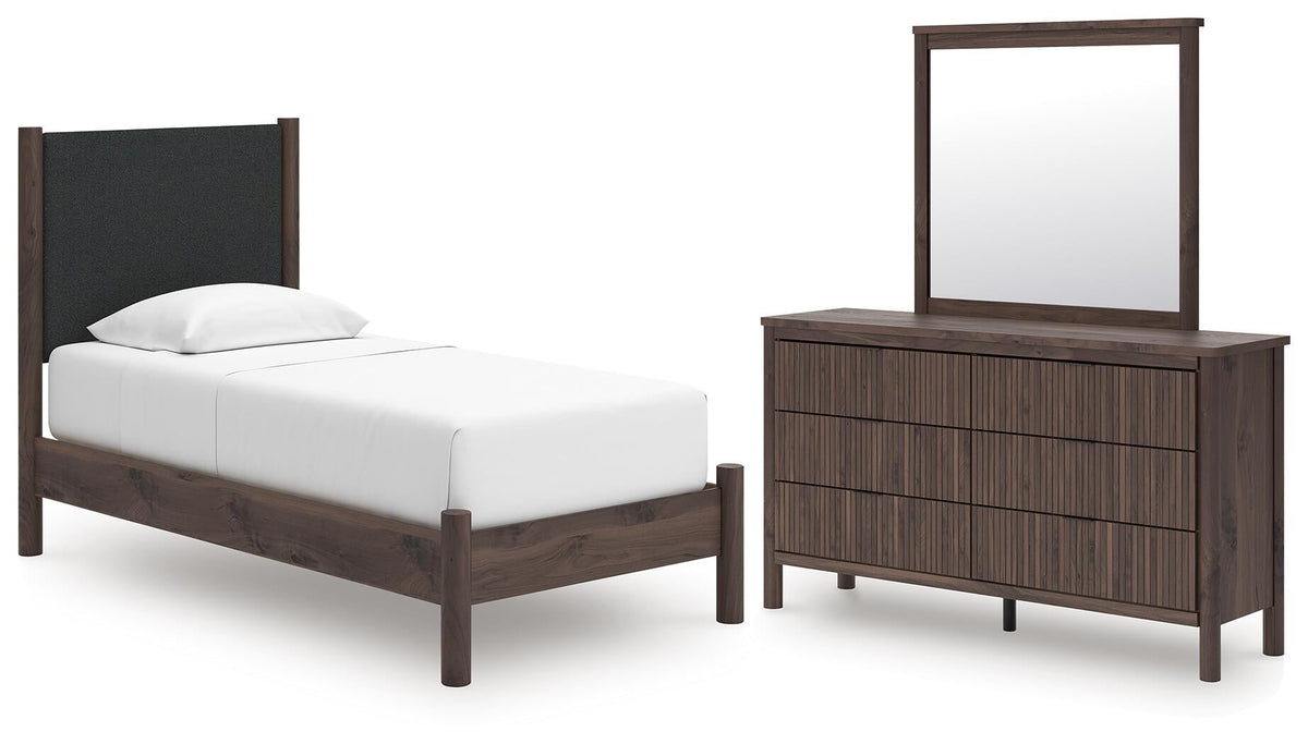 Cadmori  Upholstered Panel Platform Bed, Dresser And Mirror
