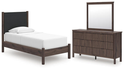 Cadmori  Upholstered Panel Platform Bed, Dresser And Mirror