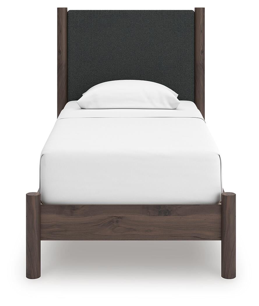 Cadmori  Upholstered Panel Platform Bed, Dresser And Mirror