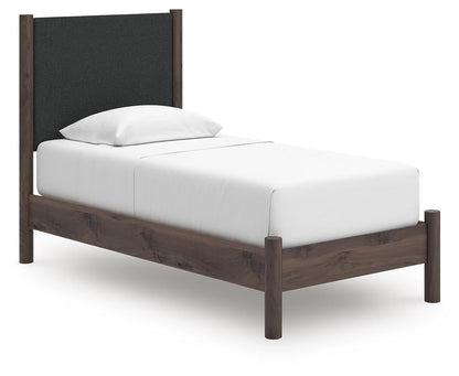 Cadmori  Upholstered Panel Platform Bed, Dresser And Mirror