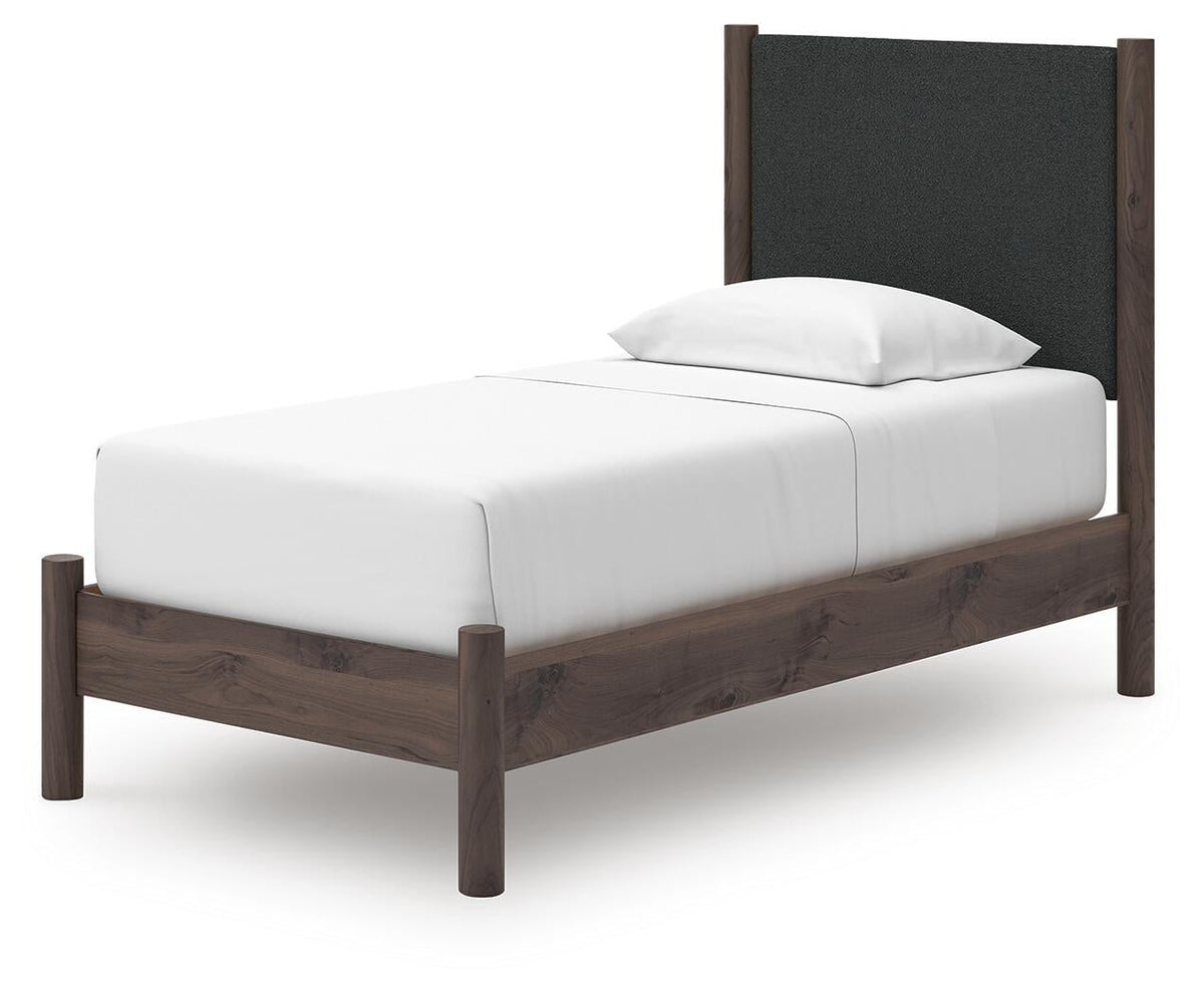 Cadmori  Upholstered Panel Platform Bed, Dresser And Mirror