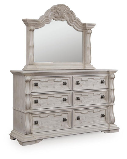 Andonhall  Upholstered Panel Bed With Mirrored Dresser And Nightstand