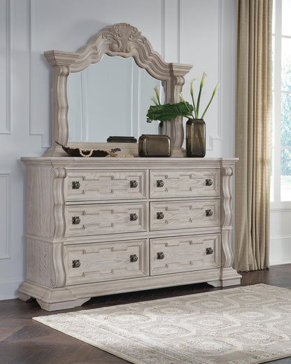 Andonhall  Upholstered Panel Bed With Mirrored Dresser And Nightstand