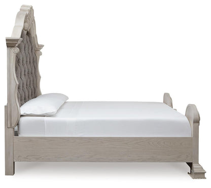 Andonhall  Upholstered Panel Bed With Mirrored Dresser And Nightstand