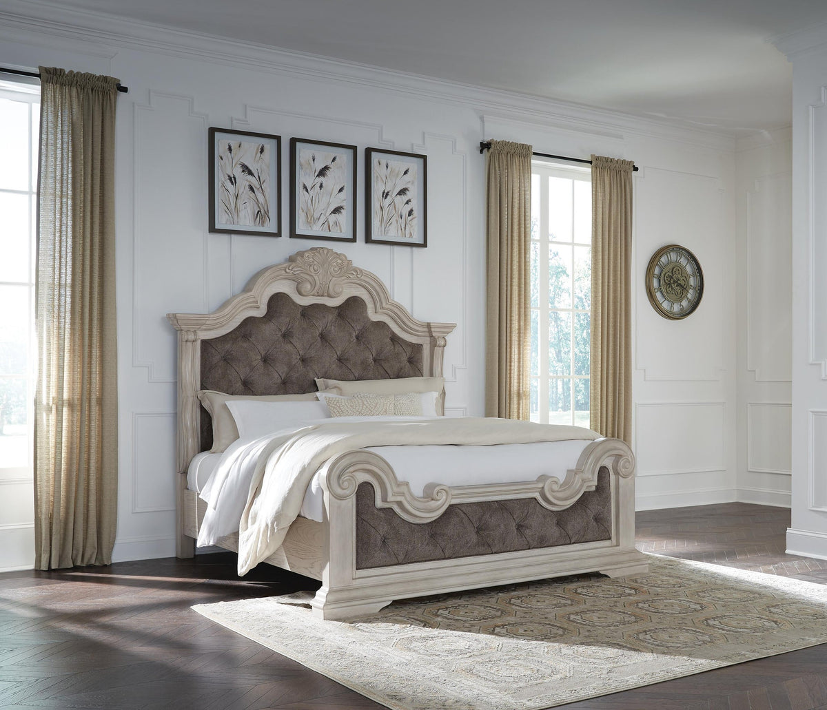 Andonhall  Upholstered Panel Bed With Mirrored Dresser And Nightstand