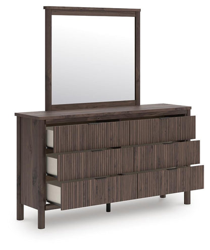 Cadmori  Upholstered Panel Bed, Dresser, Mirror And Nightstand