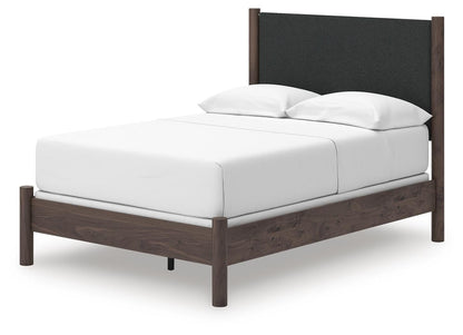 Cadmori  Upholstered Panel Bed, Dresser, Mirror And Nightstand