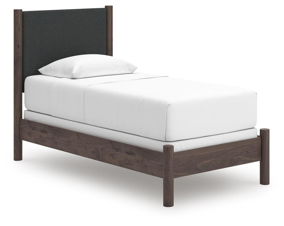 Cadmori  Upholstered Panel Bed, Dresser, Mirror And Nightstand