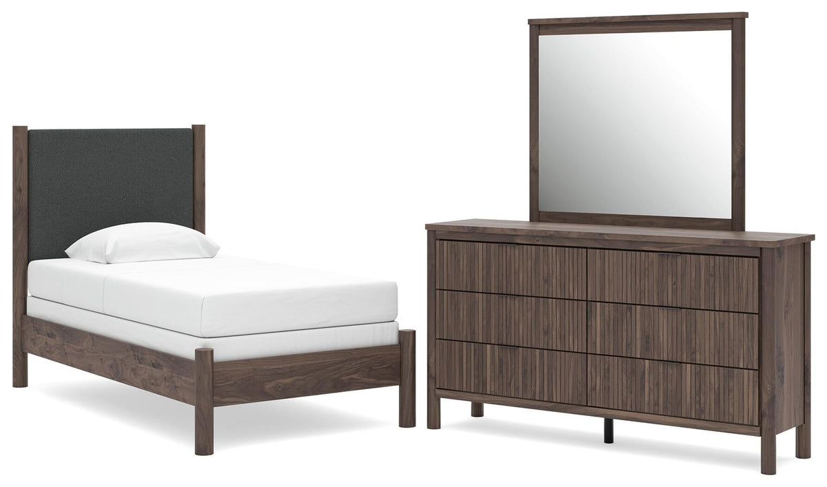 Cadmori  Upholstered Panel Bed, Dresser And Mirror
