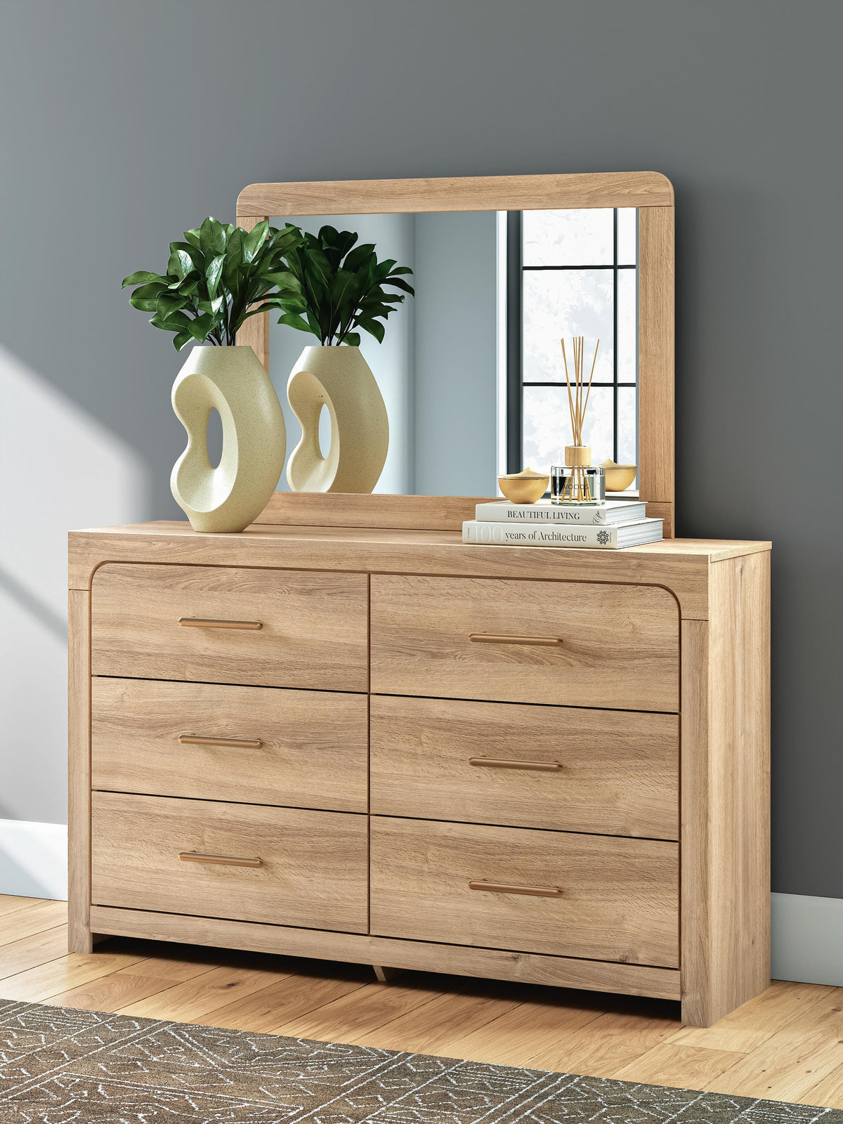 Hollymount  Upholstered Panel Bed, Dresser, Mirror And Nightstand