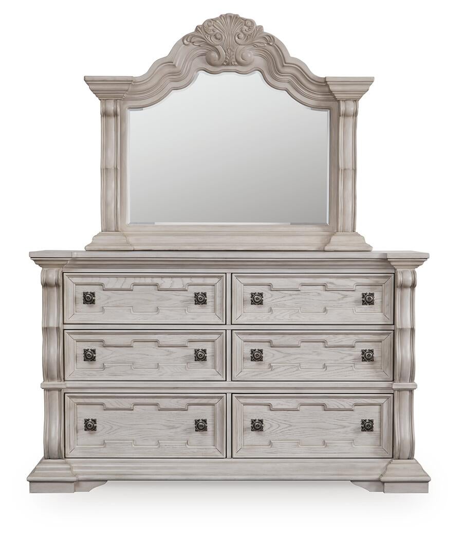 Andonhall California  Upholstered Panel Bed With Mirrored Dresser And Nightstand