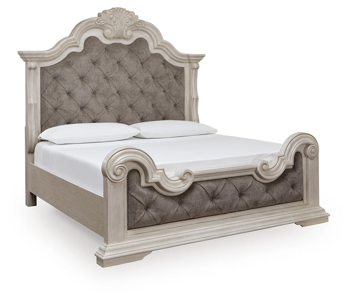 Andonhall California  Upholstered Panel Bed With Mirrored Dresser And Nightstand