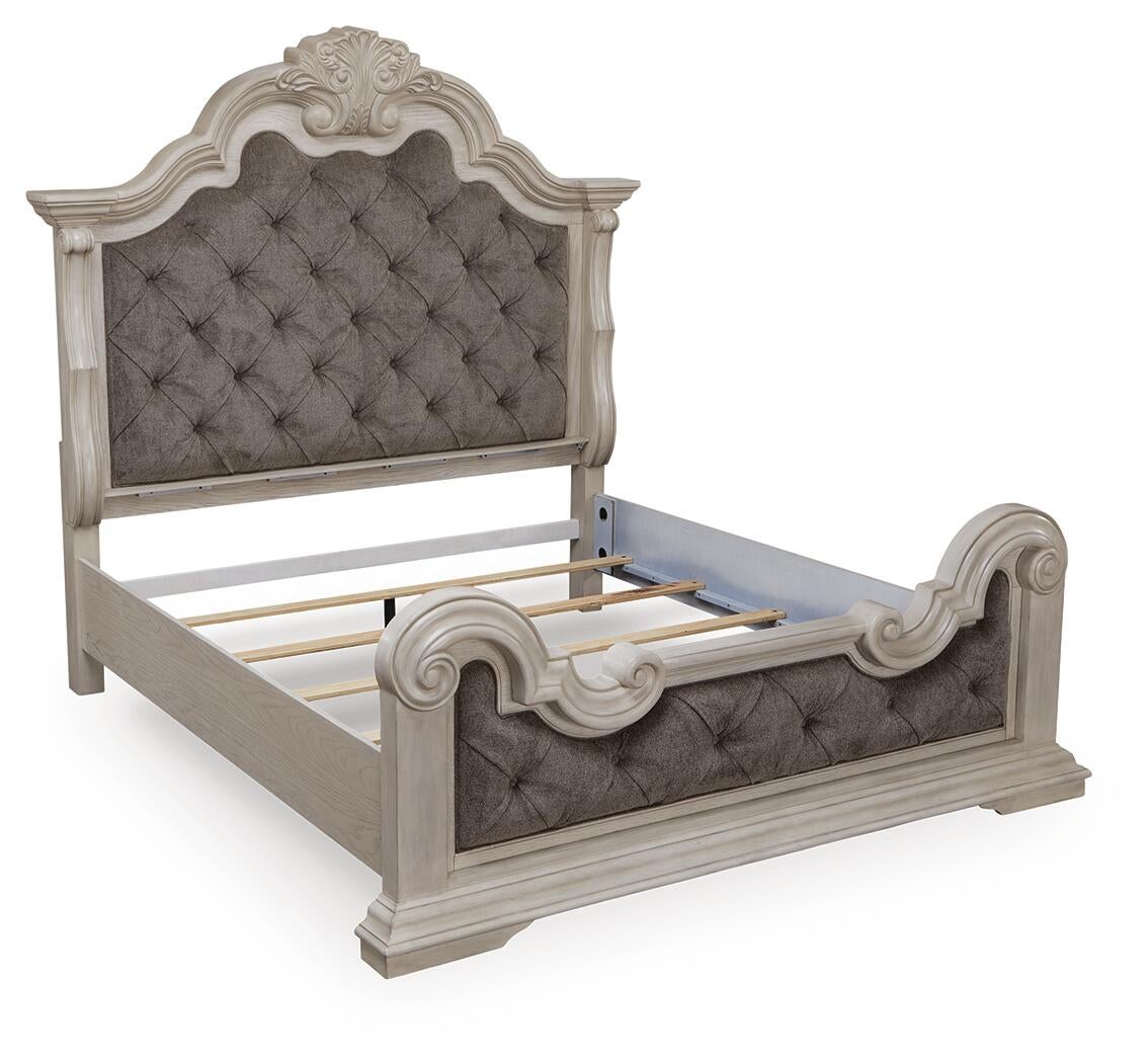 Andonhall California  Upholstered Panel Bed With Mirrored Dresser And Nightstand