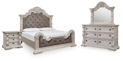 Andonhall California  Upholstered Panel Bed With Mirrored Dresser And Nightstand