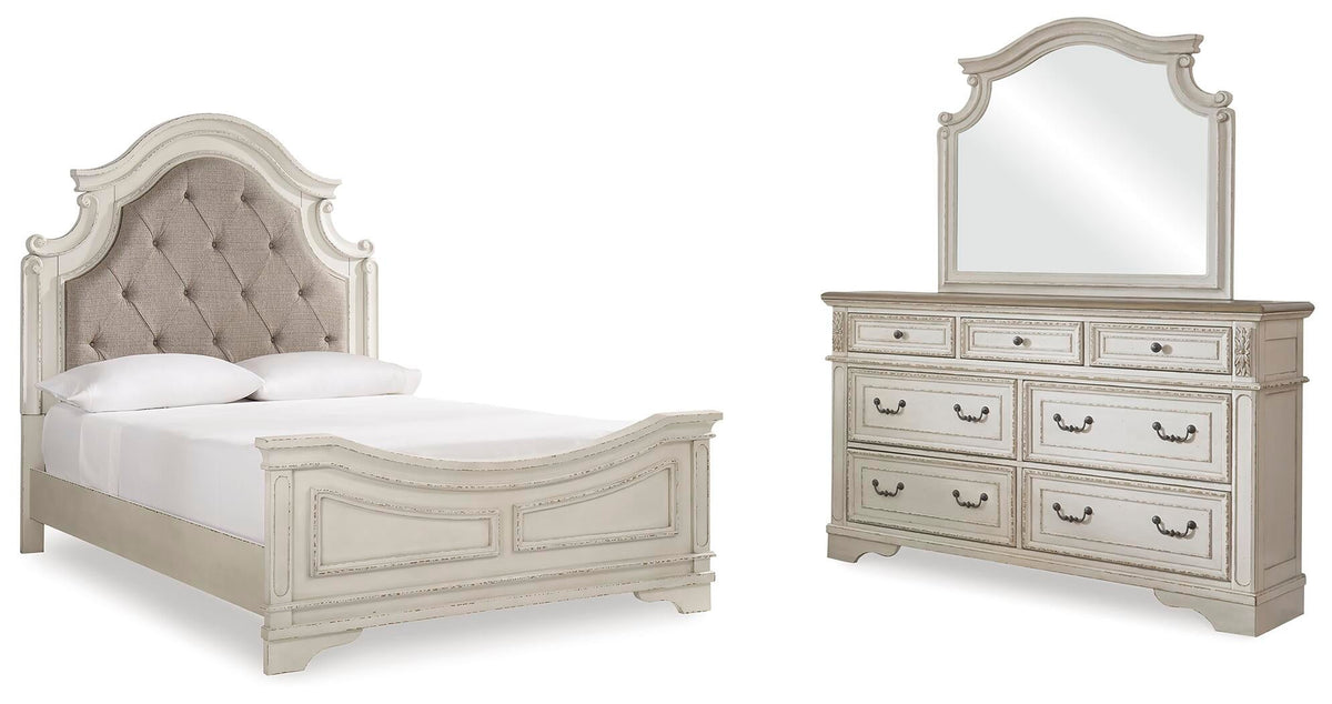 Realyn  Upholstered Panel Bed With Mirrored Dresser